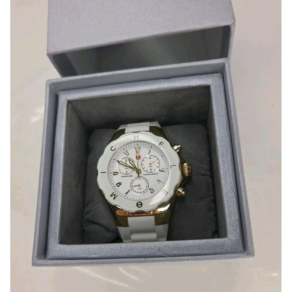 MICHELE JELLY BEAN TAHITIAN CHRONOGRAPH Watch GOLDTONE WHITE SILICONE BAND EUC - Picture 11 of 16